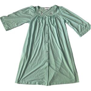 Miss Elaine Sz M Sheer Green Floral Long 3/4 Sleeve Button Up Nightgown MCM